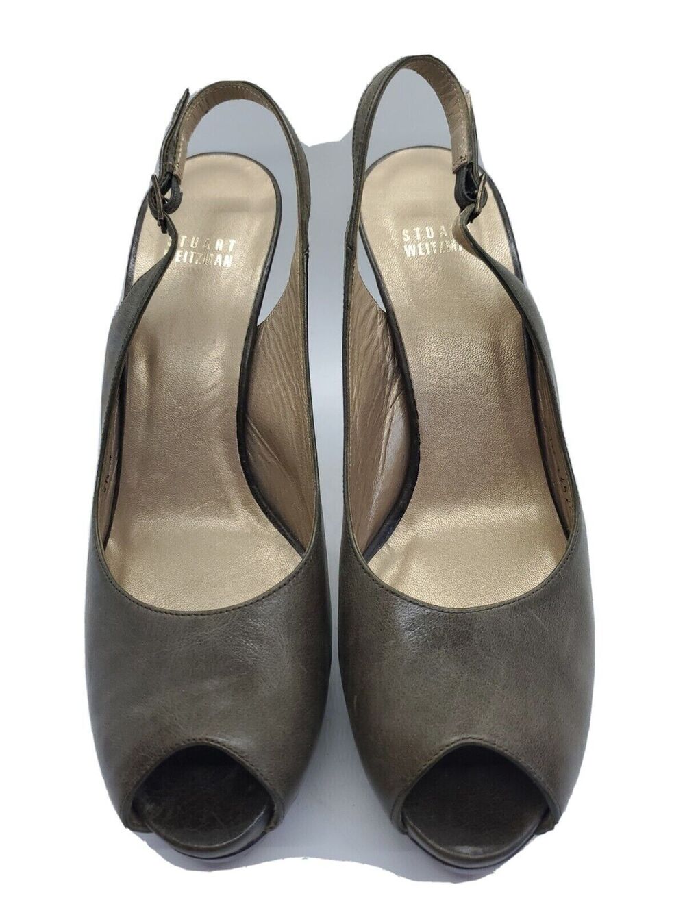 Sturart Weitzman Leather Heels Womens Sz 8.5 Peep Top Platform Slingback Green